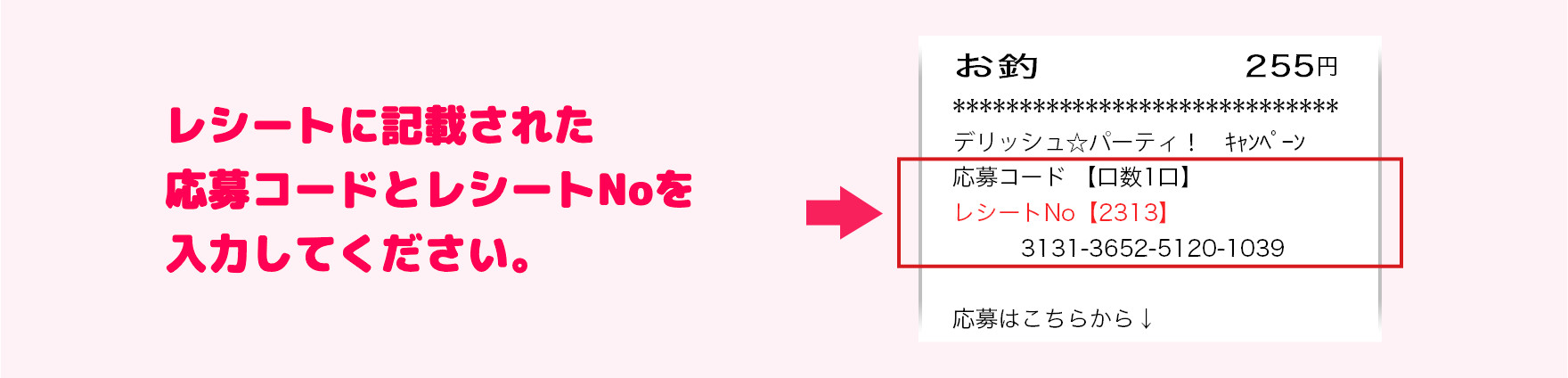 レシートに記載された応募コードとレシートNOを入力してください